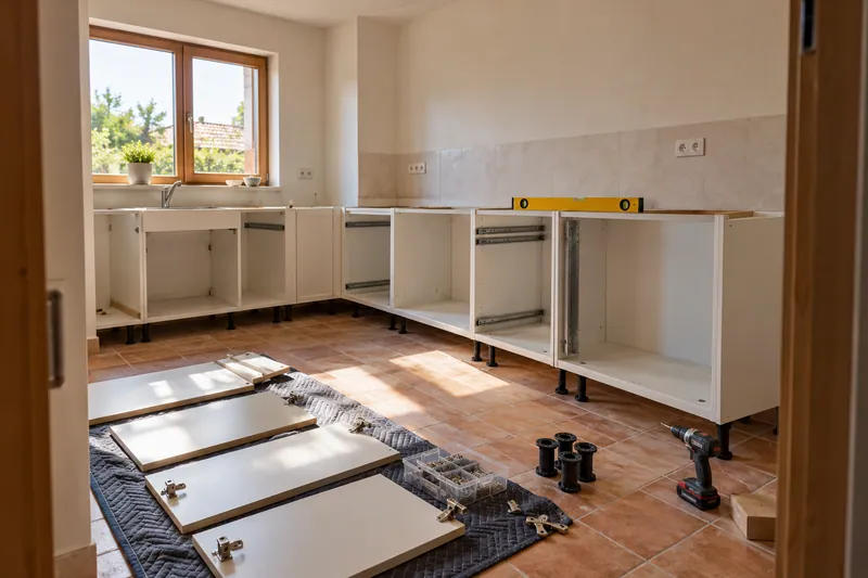 Visualización conceptual IA: Módulos de cocina en montaje con puertas pendientes de colocar.